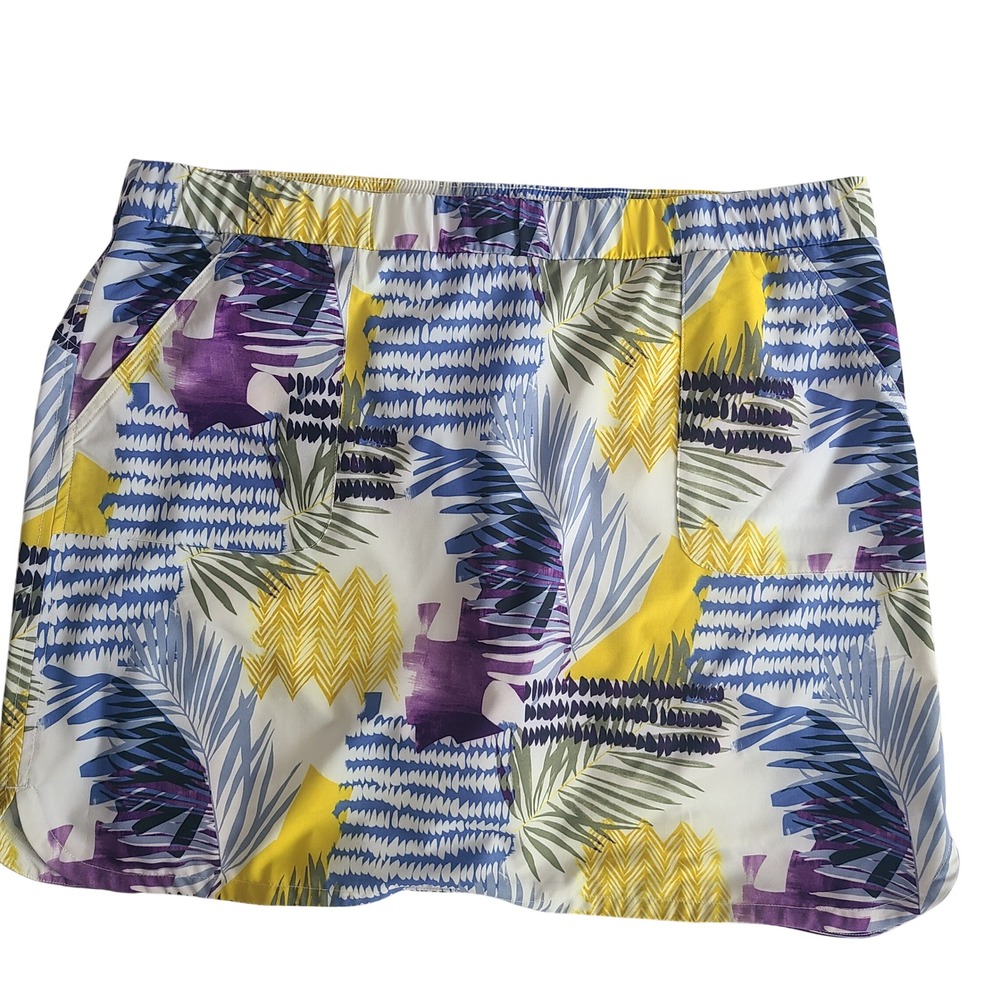 Chicos Size 3 Tropical Palm Print Skort Purple Yellow Abstract Floral Elastic